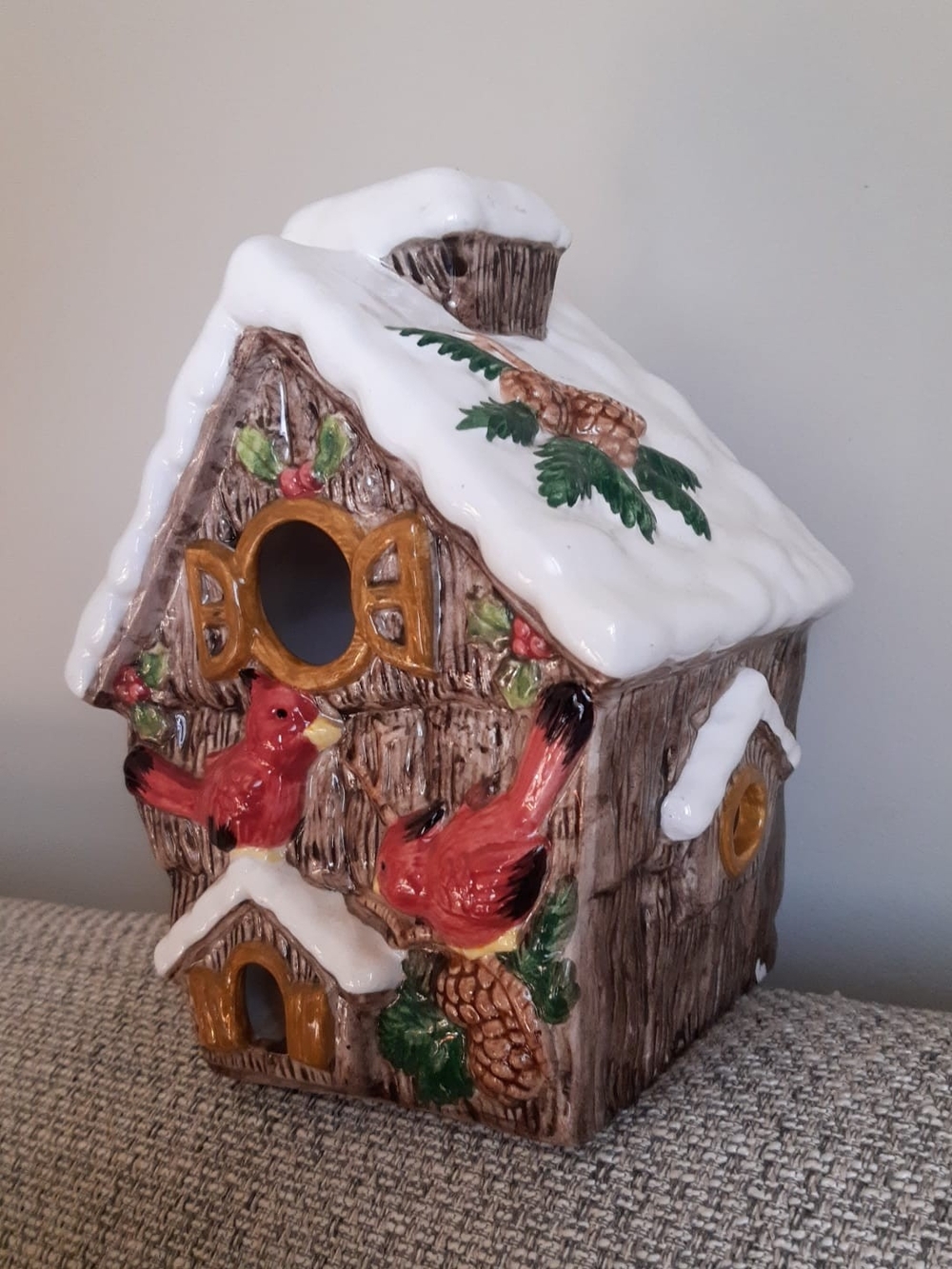Ceramic Red Cardinal Winter Birdhouse Candle House Holiday Decor 9" tall